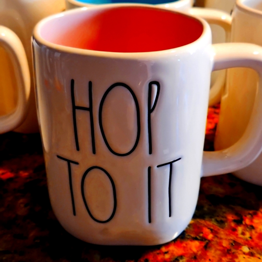 RAE DUNN' 'Artisan Collection' by 'Magenta'. Ceramic XL mug. " "HOP TO IT"